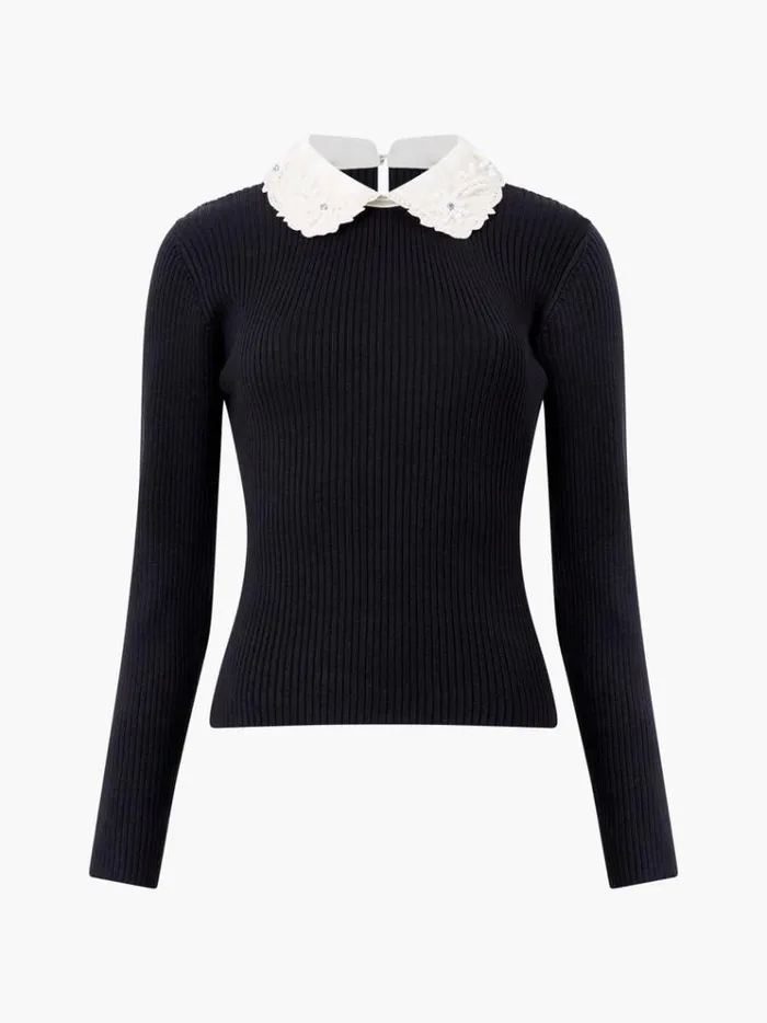 French Connection Jumpers and Cardigans Krista Embellished Knit Top Blackwhite 8211 Woman