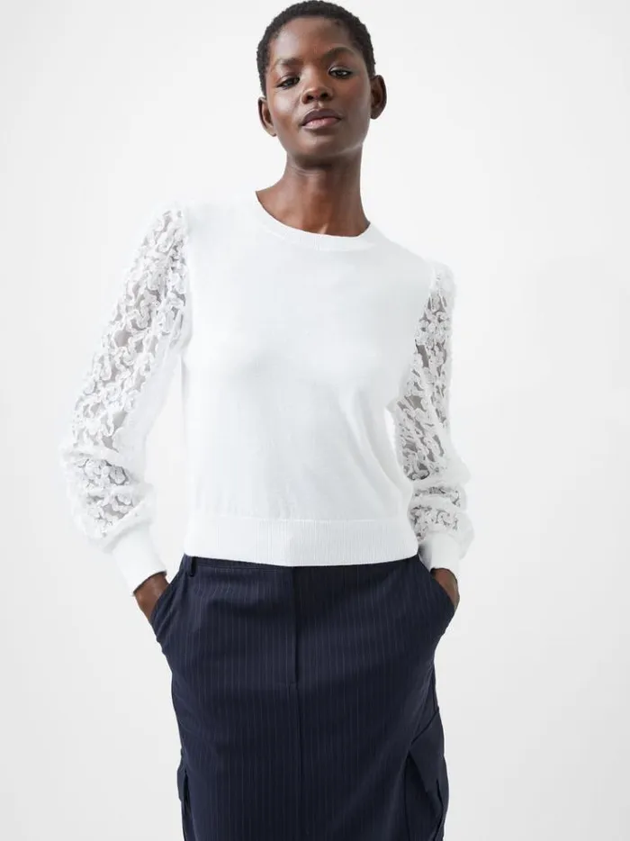 French Connection Jumpers and Cardigans Luvy Embroidered Mesh Sleeve Jumper Winter White 8211 Woman French Connection Jumpers and Cardigans Luvy Embroidered Mesh Sleeve Jumper Winter White 8211 Woman