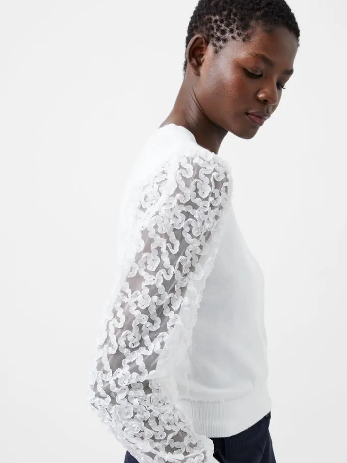 French Connection Jumpers and Cardigans Luvy Embroidered Mesh Sleeve Jumper Winter White 8211 Woman