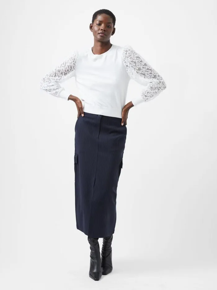 French Connection Jumpers and Cardigans Luvy Embroidered Mesh Sleeve Jumper Winter White 8211 Woman