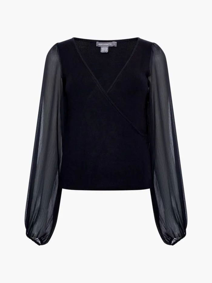French Connection Jumpers and Cardigans Mix Sleeve Wrap Top Black 8211 Woman