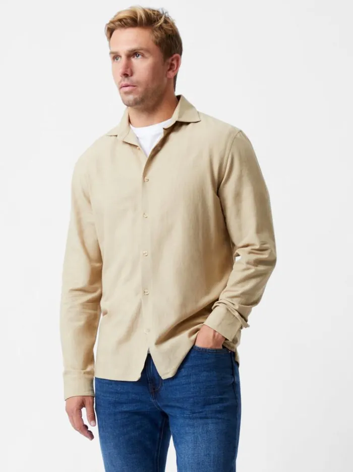 French Connection Shirts Long Sleeve Linen Blend Shirt Dark Sand 8211 Man