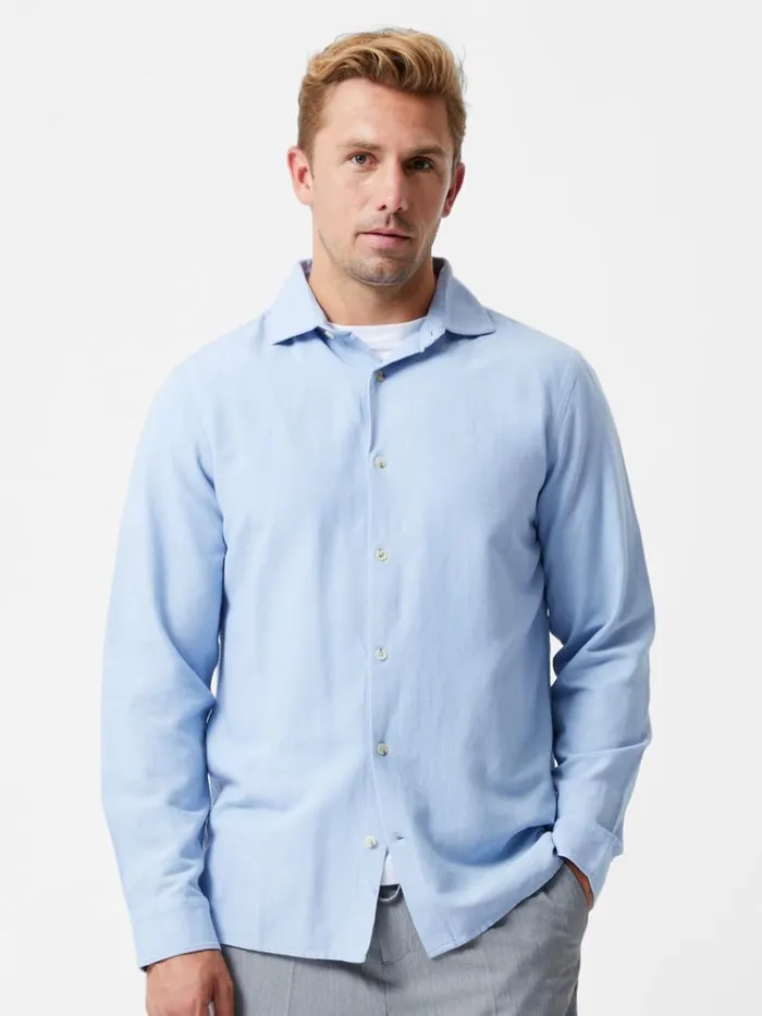 French Connection Shirts Long Sleeve Linen Blend Shirt Light Blue 8211 Man
