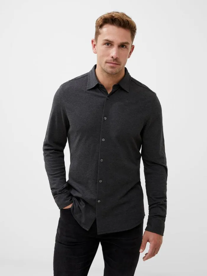French Connection Shirts Long Sleeve Pique Jersey Shirt Charcoal Mel 8211 Man