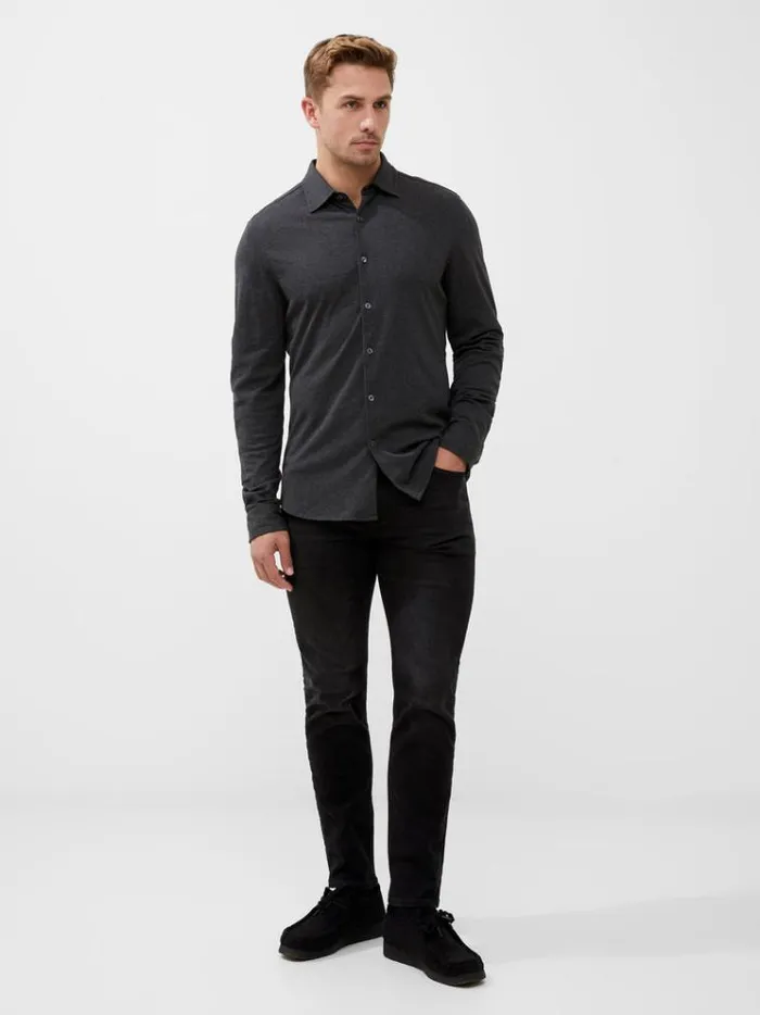 French Connection Shirts Long Sleeve Pique Jersey Shirt Charcoal Mel 8211 Man