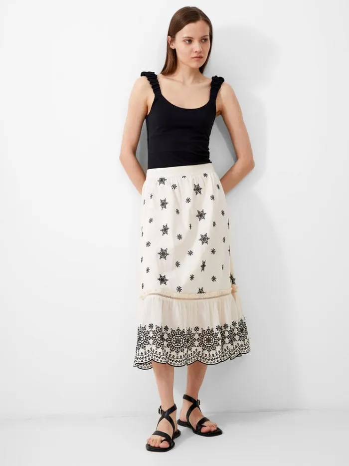 French Connection Skirts and Shorts Embroidered Felicity Midi Skirt Classic Creamblack 8211 Woman French Connection Skirts and Shorts Embroidered Felicity Midi Skirt Classic Creamblack 8211 Woman