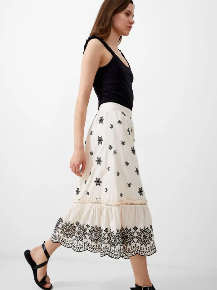 French Connection Skirts and Shorts Embroidered Felicity Midi Skirt Classic Creamblack 8211 Woman