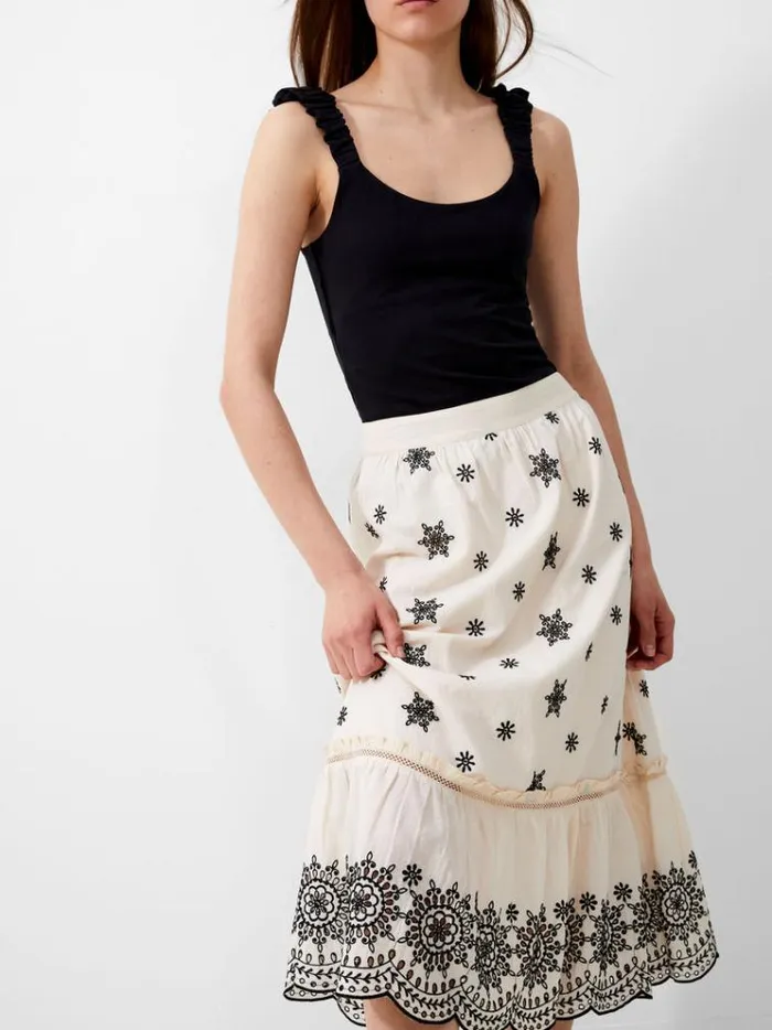 French Connection Skirts and Shorts Embroidered Felicity Midi Skirt Classic Creamblack 8211 Woman