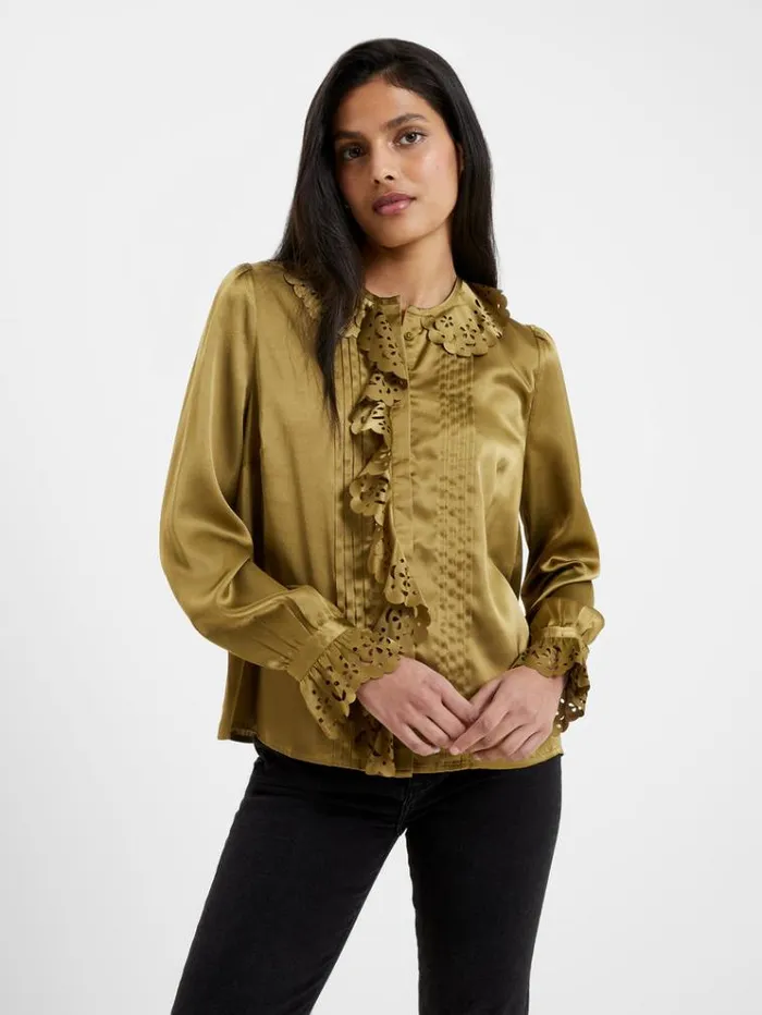 French Connection Tops Aleeya Satin Lace Ruffle Blouse Nutria 8211 Woman
