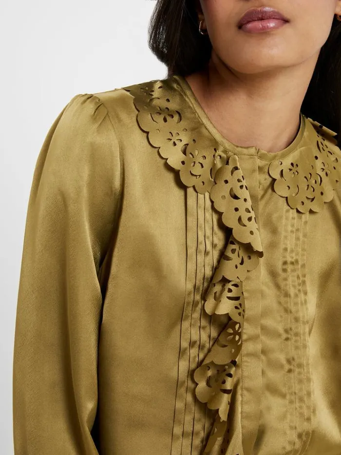 French Connection Tops Aleeya Satin Lace Ruffle Blouse Nutria 8211 Woman