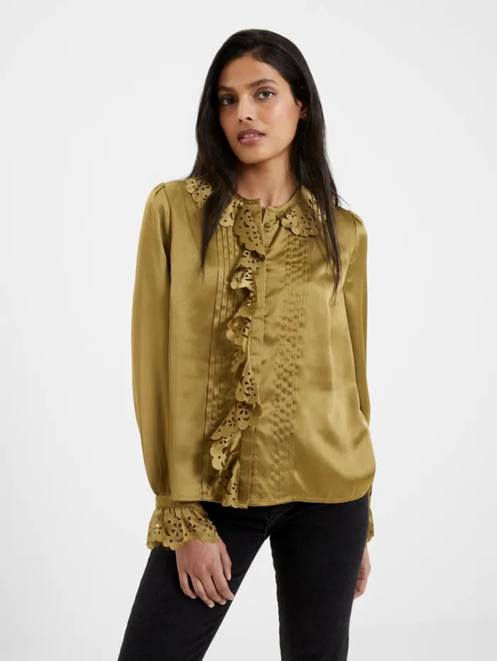 French Connection Tops Aleeya Satin Lace Ruffle Blouse Nutria 8211 Woman