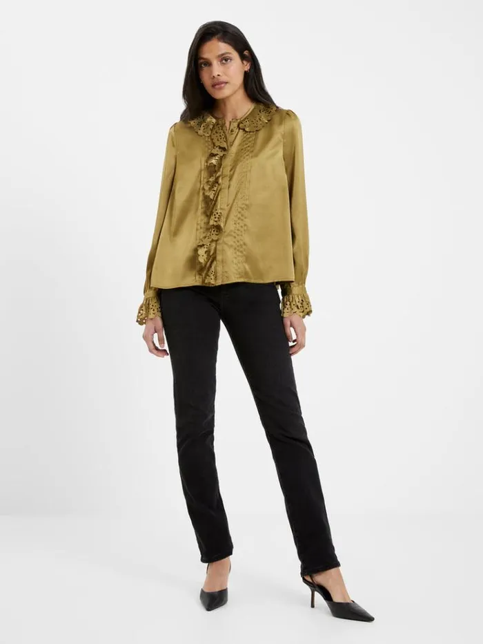 French Connection Tops Aleeya Satin Lace Ruffle Blouse Nutria 8211 Woman
