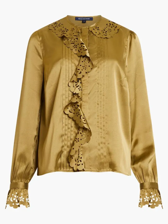 French Connection Tops Aleeya Satin Lace Ruffle Blouse Nutria 8211 Woman