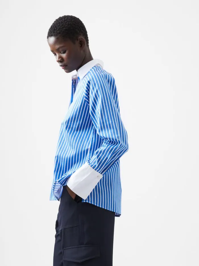 French Connection Tops Alexis Cotton Striped Detail Shirt Dusted Blue 8211 Woman