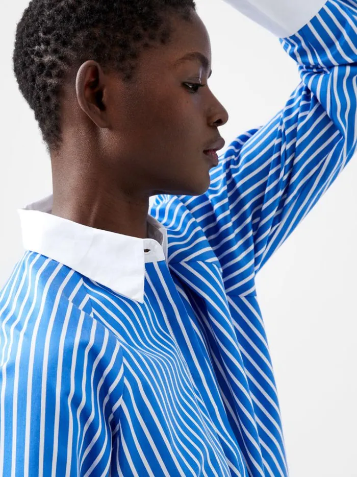 French Connection Tops Alexis Cotton Striped Detail Shirt Dusted Blue 8211 Woman