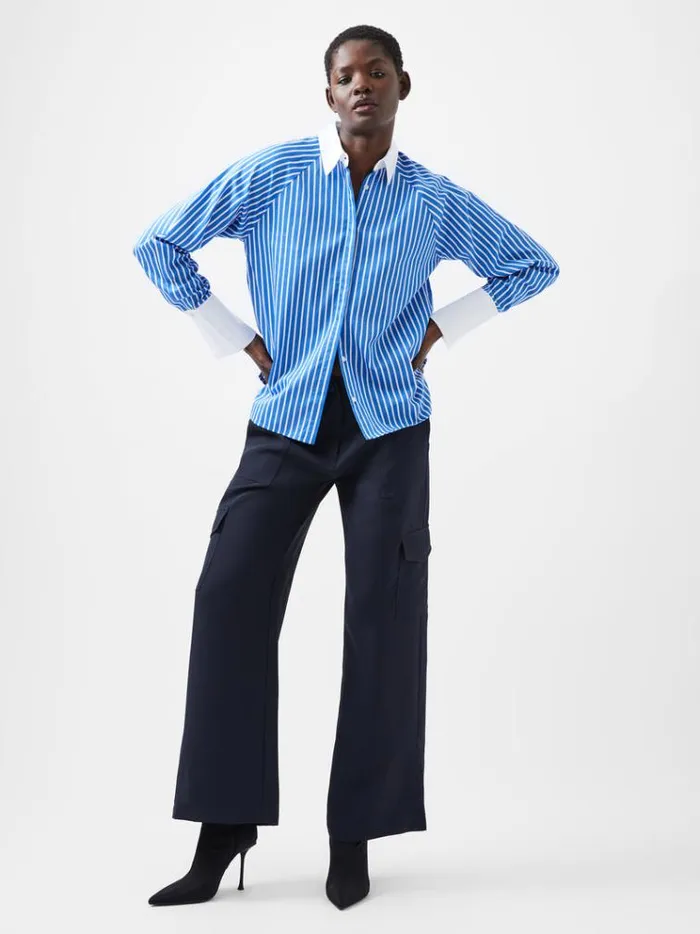 French Connection Tops Alexis Cotton Striped Detail Shirt Dusted Blue 8211 Woman