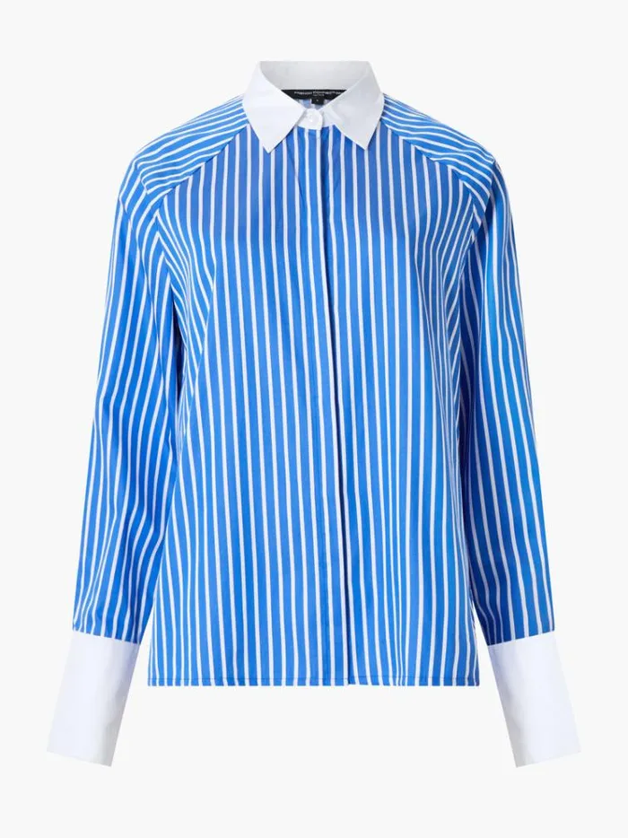French Connection Tops Alexis Cotton Striped Detail Shirt Dusted Blue 8211 Woman