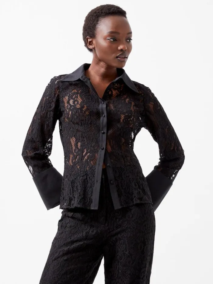 French Connection Tops Asura Lace Long Sleeve Shirt Blackout 8211 Woman