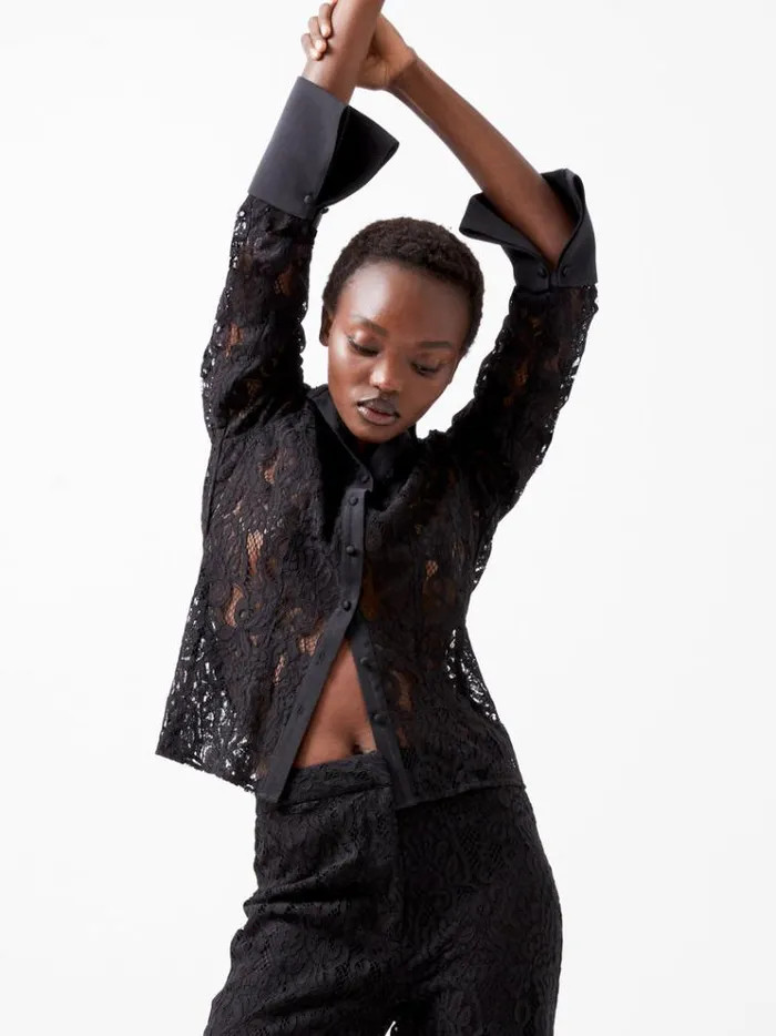French Connection Tops Asura Lace Long Sleeve Shirt Blackout 8211 Woman