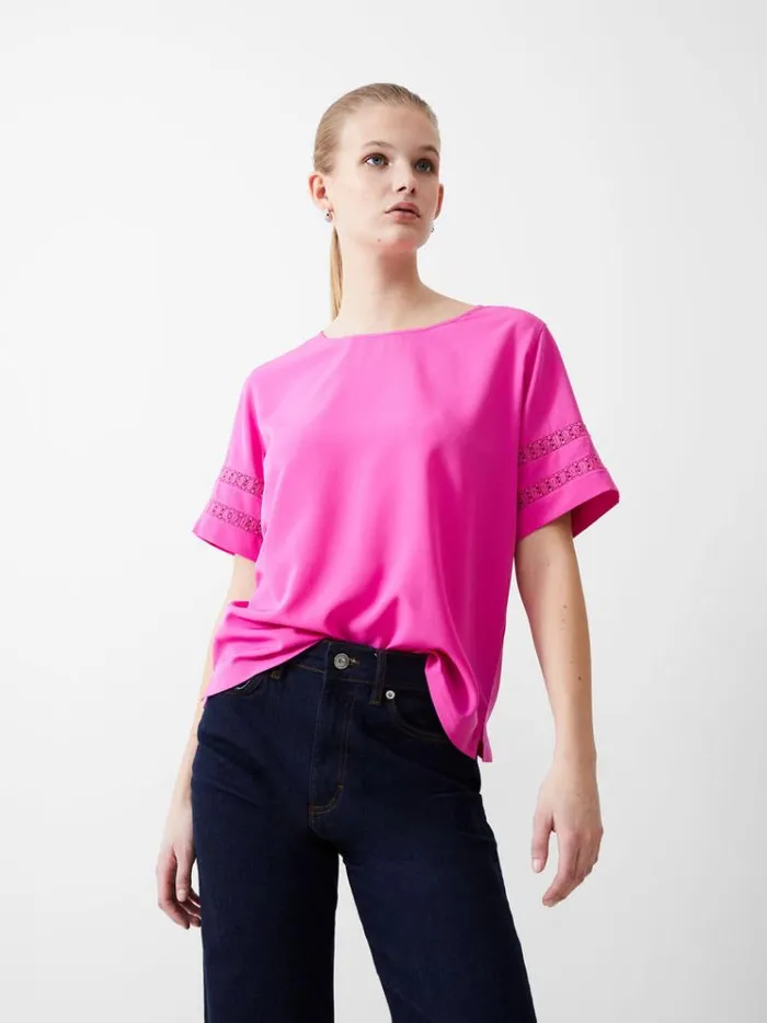 French Connection Tops Crochet Trim Crepe Light Top Wild Rosa 8211 Woman