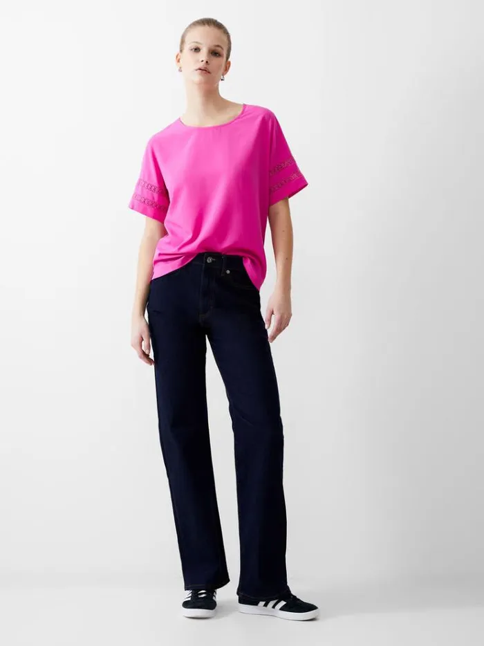 French Connection Tops Crochet Trim Crepe Light Top Wild Rosa 8211 Woman