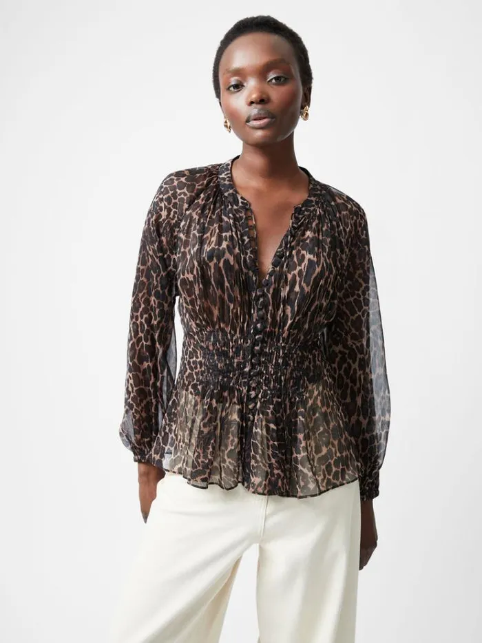 French Connection Tops Emina Chiffon Leopard Print Long Sleeve Top Leopard 8211 Woman
