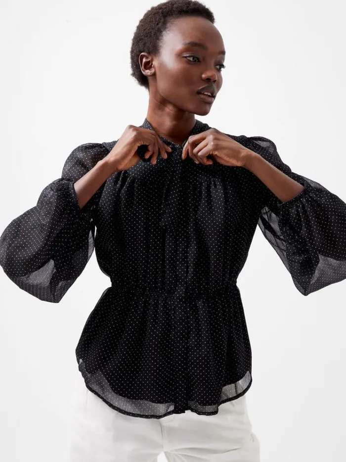 French Connection Tops Ines Chiffon Fitted Waist Blouse Blackoutsummer Whit 8211 Woman