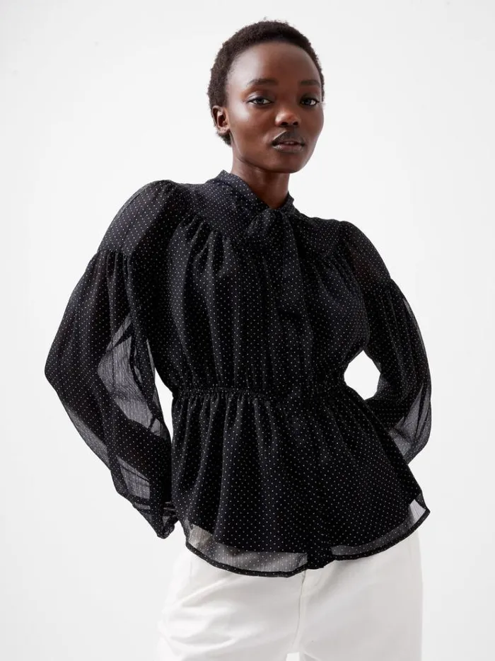 French Connection Tops Ines Chiffon Fitted Waist Blouse Blackoutsummer Whit 8211 Woman