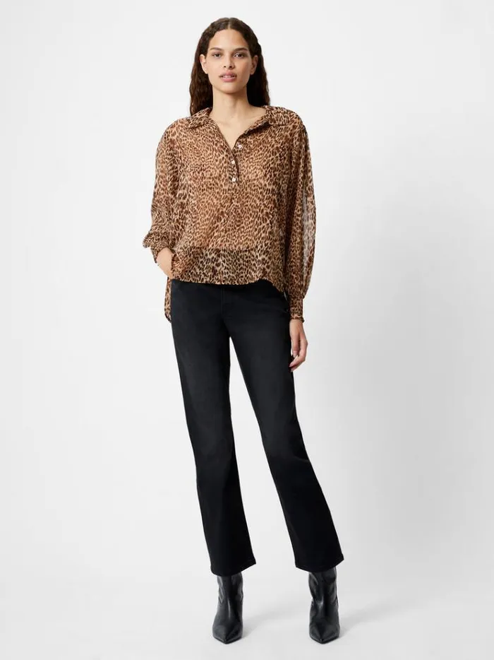 French Connection Tops Leopard Print Georgette Long Sleeve Top Tan Animal 8211 Woman