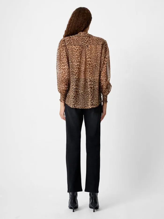 French Connection Tops Leopard Print Georgette Long Sleeve Top Tan Animal 8211 Woman
