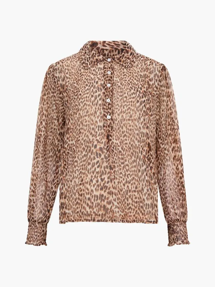 French Connection Tops Leopard Print Georgette Long Sleeve Top Tan Animal 8211 Woman