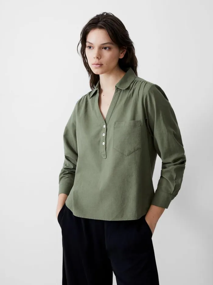 French Connection Tops Linen Blend Vee Placket Top Khaki 8211 Woman
