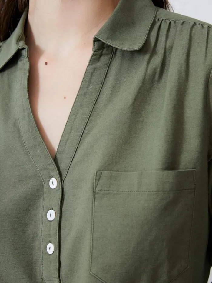 French Connection Tops Linen Blend Vee Placket Top Khaki 8211 Woman