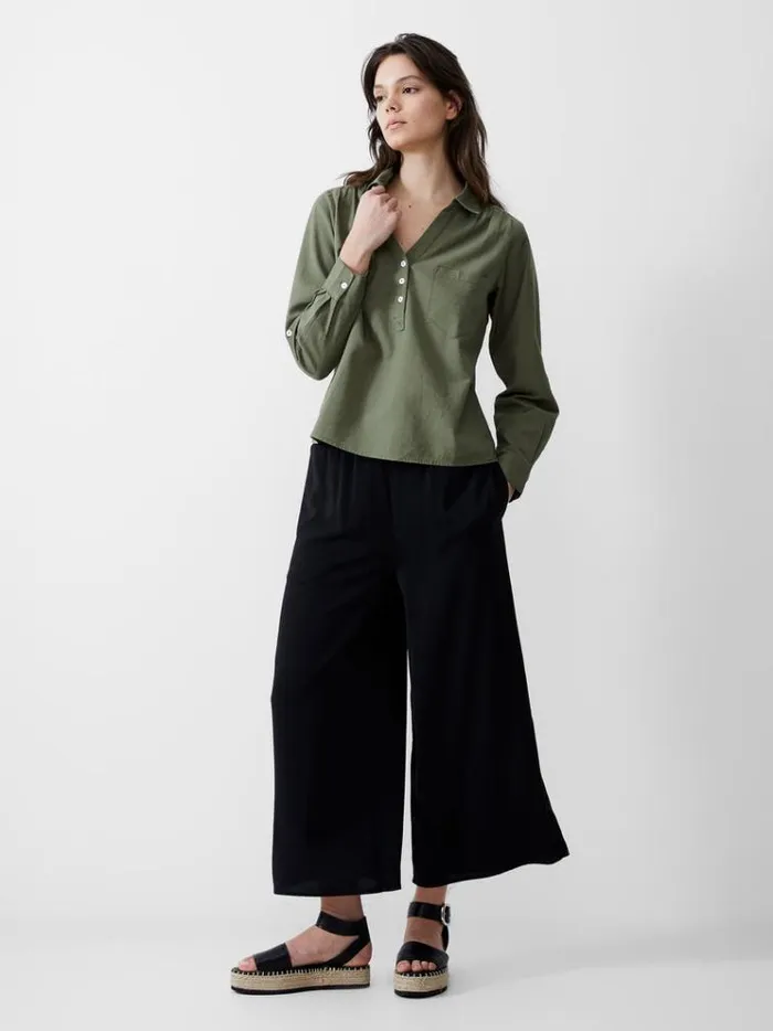 French Connection Tops Linen Blend Vee Placket Top Khaki 8211 Woman
