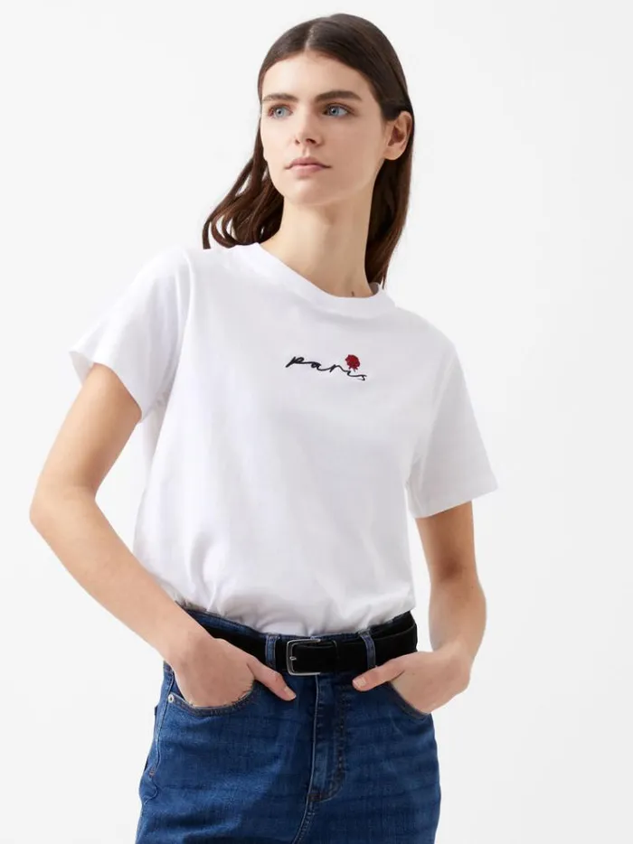 French Connection Tops Paris Rose Embroidery TShirt Linen White 8211 Woman