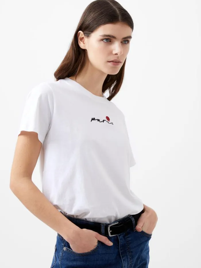 French Connection Tops Paris Rose Embroidery TShirt Linen White 8211 Woman