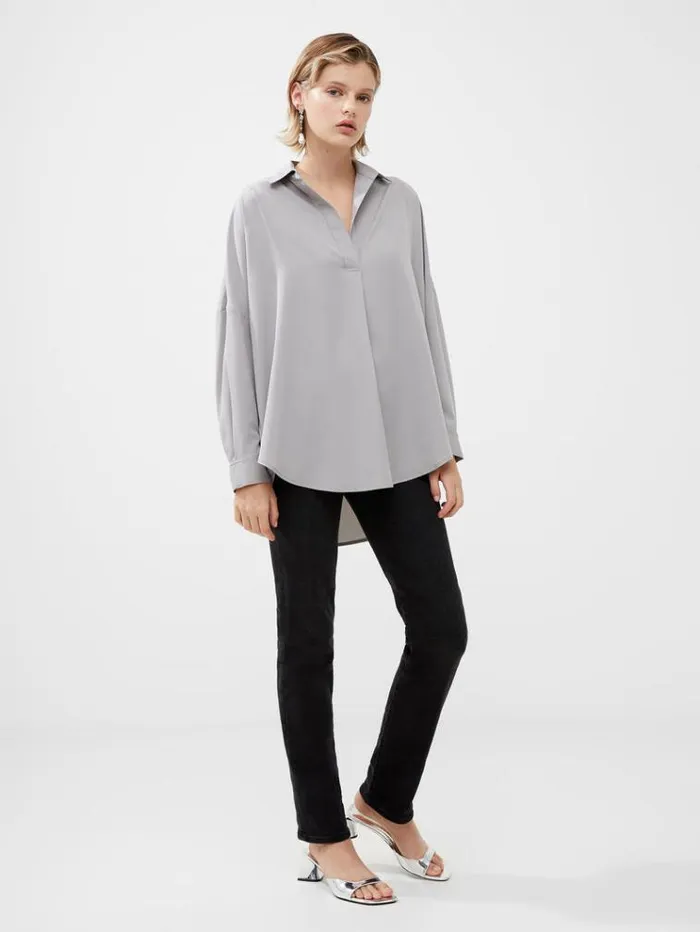 French Connection Tops Rhodes Recycled Crepe Popover Shirt Alloy 8211 Woman