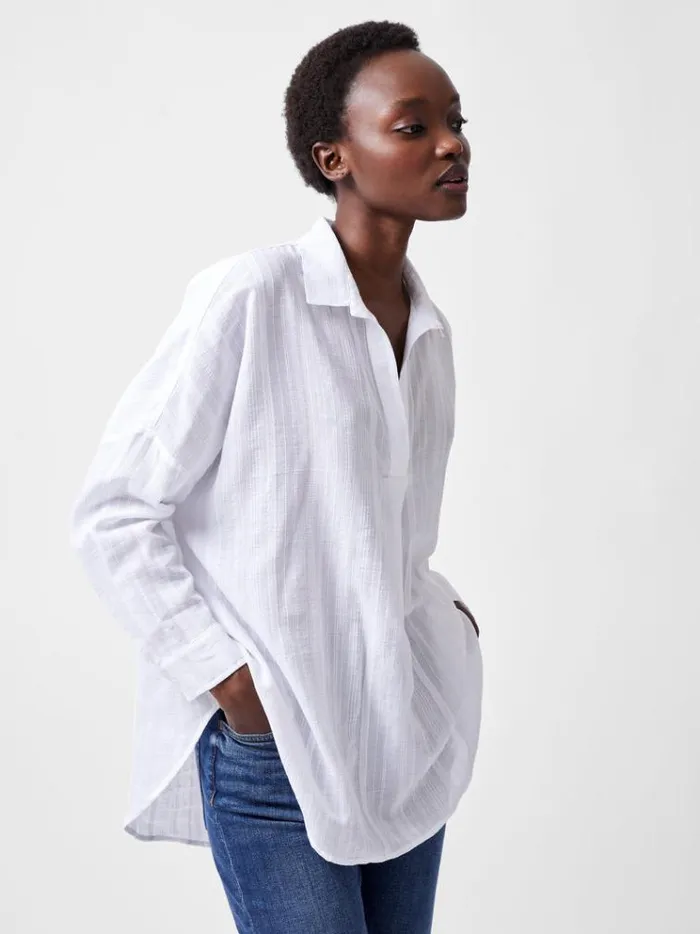 French Connection Tops Rhodes Texture Popover Shirt Summer White 8211 Woman