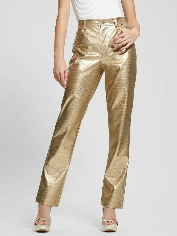 GUESS Ambra Metallic FauxLeather Pants Light Gold Women Bottoms