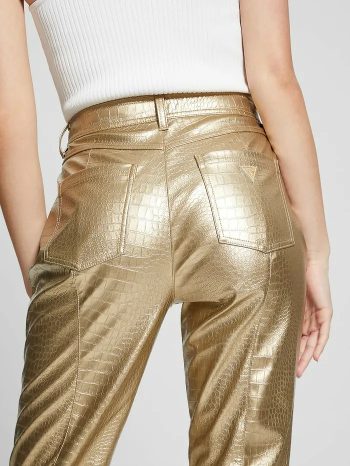 GUESS Ambra Metallic FauxLeather Pants Light Gold Women Bottoms