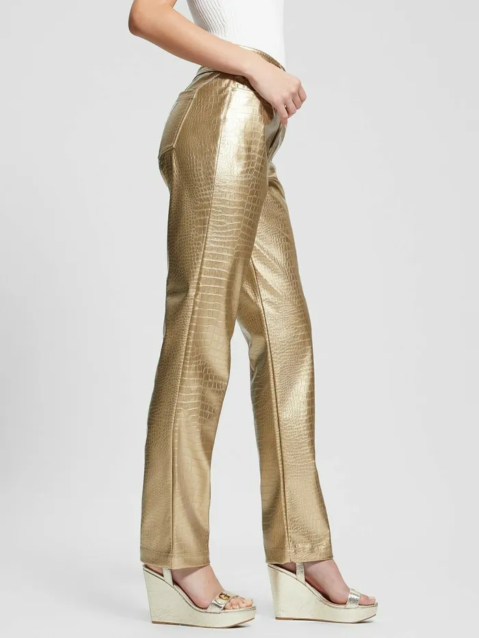 GUESS Ambra Metallic FauxLeather Pants Light Gold Women Bottoms