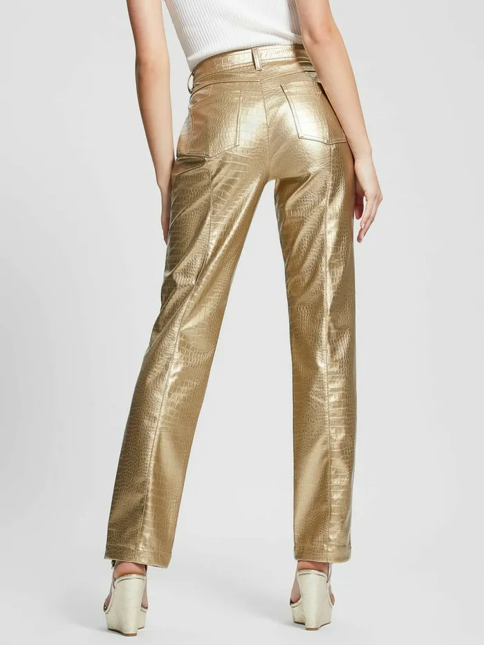 GUESS Ambra Metallic FauxLeather Pants Light Gold Women Bottoms