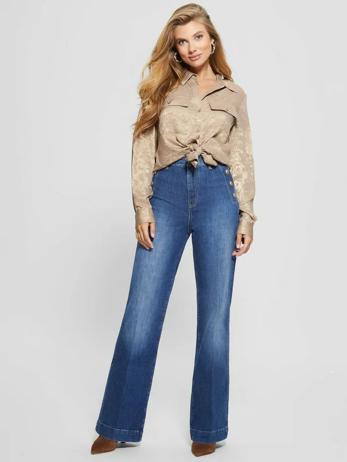 GUESS Annamaria Metallic Shirt Gold Foil Combo Women Tops