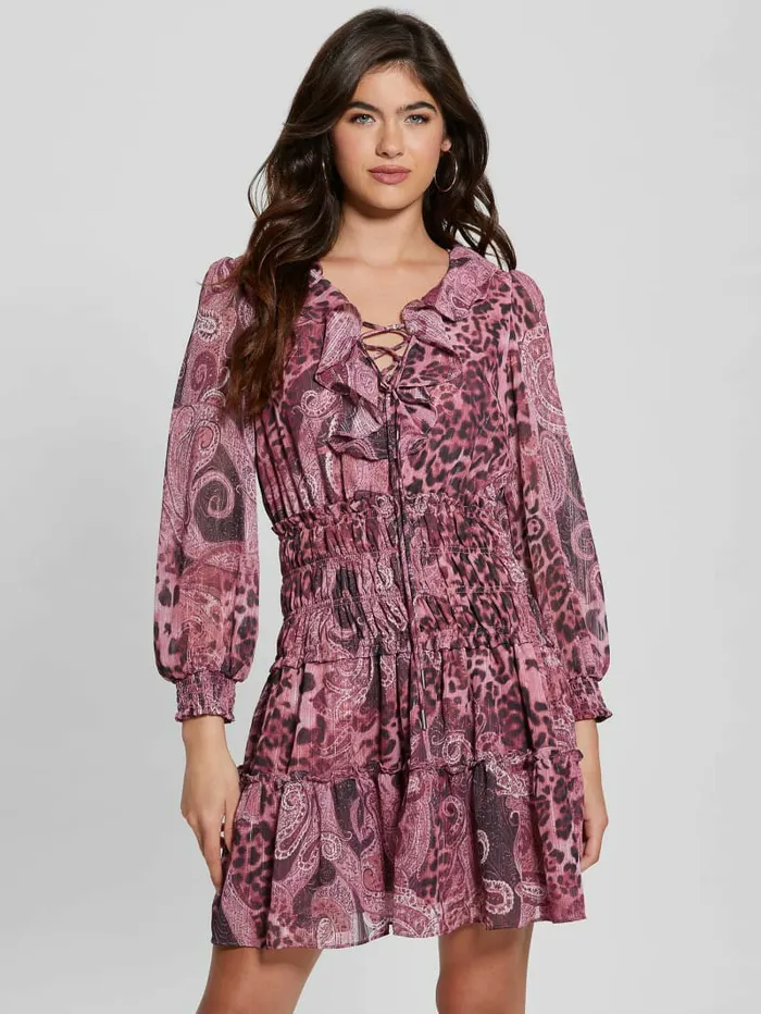GUESS Dresses and Jumpsuits Women Eco Lucy LaceUp Flared Dress Purple Kashmir Print GUESS Dresses and Jumpsuits Women Eco Lucy LaceUp Flared Dress Purple Kashmir Print