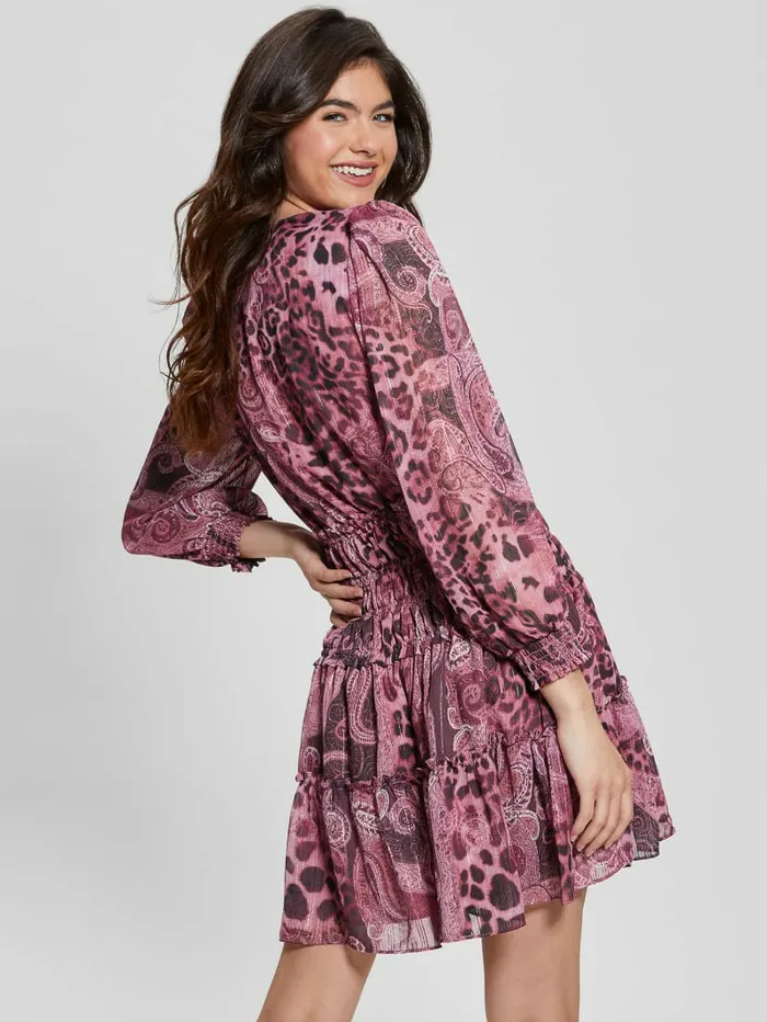 GUESS Dresses and Jumpsuits Women Eco Lucy LaceUp Flared Dress Purple Kashmir Print GUESS Dresses and Jumpsuits Women Eco Lucy LaceUp Flared Dress Purple Kashmir Print