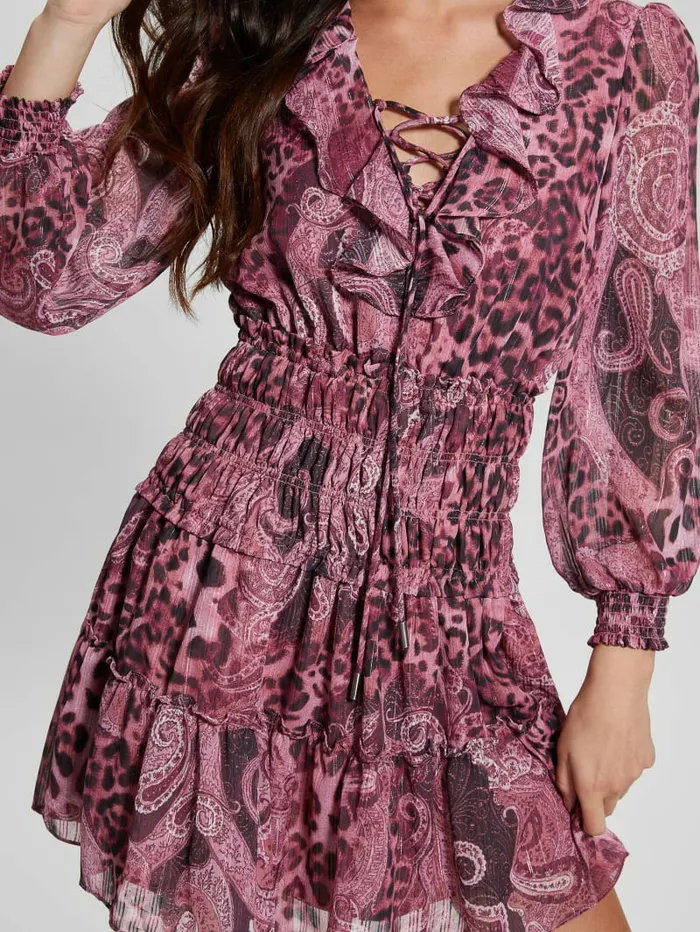 GUESS Dresses and Jumpsuits Women Eco Lucy LaceUp Flared Dress Purple Kashmir Print GUESS Dresses and Jumpsuits Women Eco Lucy LaceUp Flared Dress Purple Kashmir Print