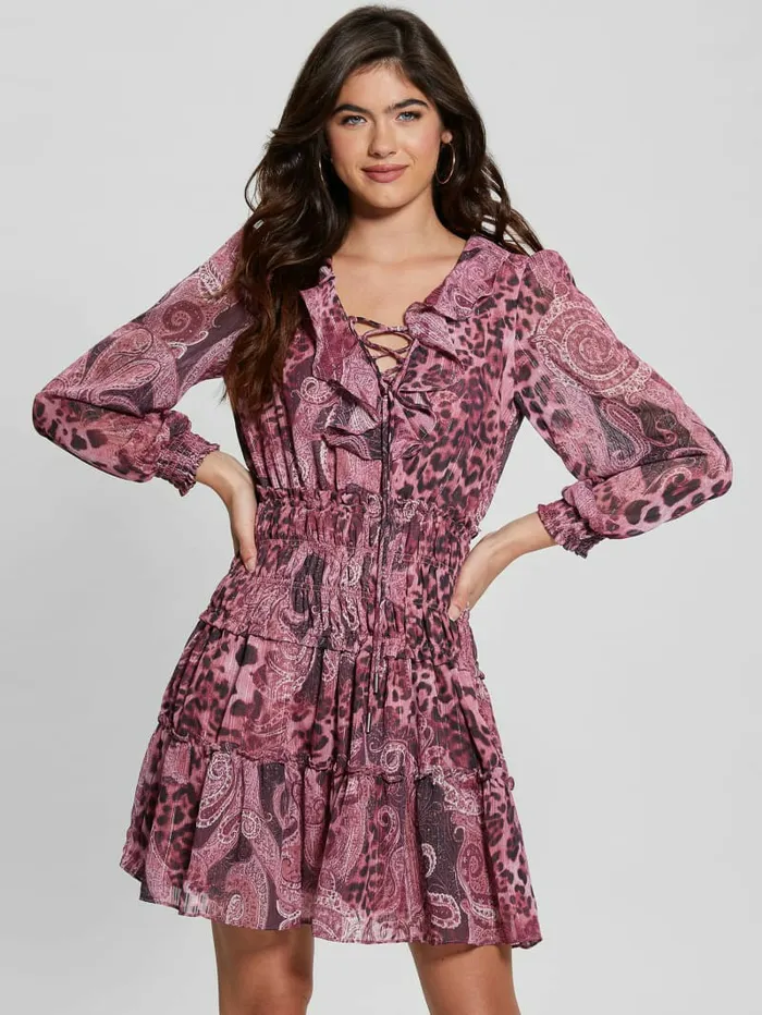 GUESS Dresses and Jumpsuits Women Eco Lucy LaceUp Flared Dress Purple Kashmir Print GUESS Dresses and Jumpsuits Women Eco Lucy LaceUp Flared Dress Purple Kashmir Print