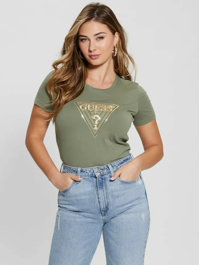 GUESS Eco MultiTone Sequin Logo Tee Isle Wash 328243 Women Tops GUESS Eco MultiTone Sequin Logo Tee Isle Wash 328243 Women Tops