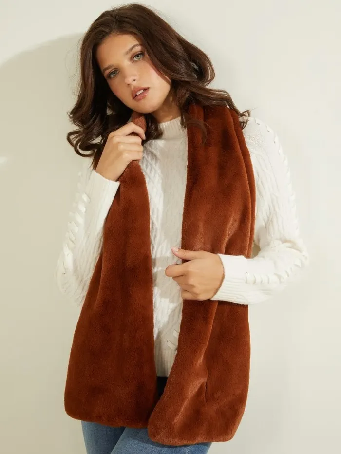GUESS Elsie FauxFur Oblong Scarf Cognac Brown Multi Women Hats and Scarves