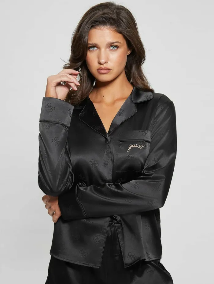 GUESS Intimates Women Corynn Shirt and Shorts PJ Set Grid Logo Shiny Black GUESS Intimates Women Corynn Shirt and Shorts PJ Set Grid Logo Shiny Black
